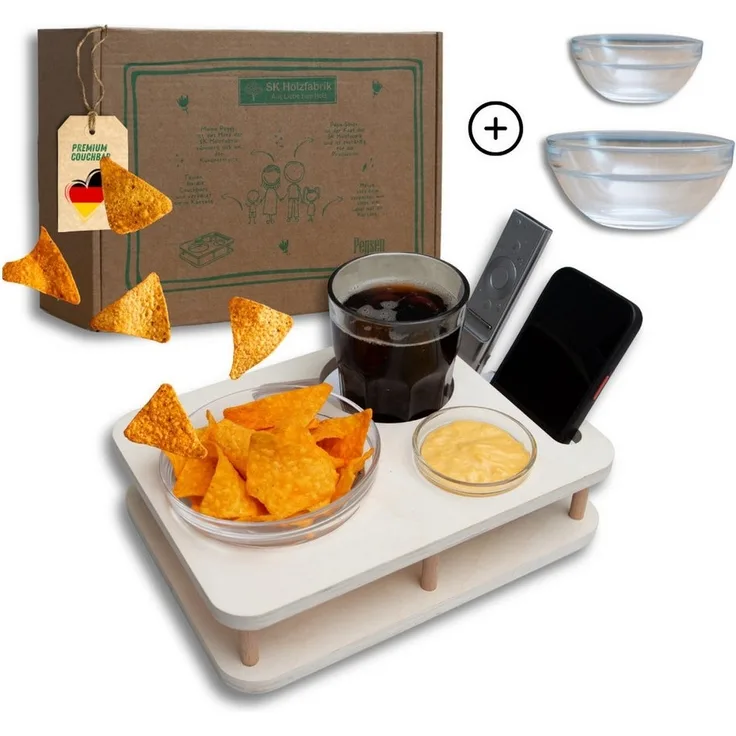 PEGSEN Servierplatte Couchbar Snackbar YOLO mit 2 Glasschalen, Getränke und Snacks stehen stabil und sicher