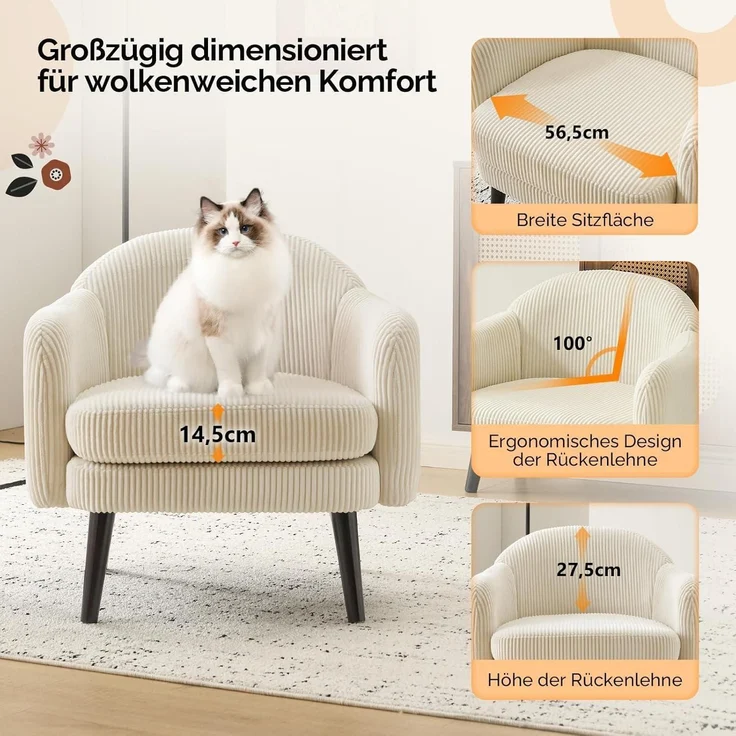 Sessel Cocktailsessel Loungesessel Wohnzimmer Cord-stoff Beige – Bild 4