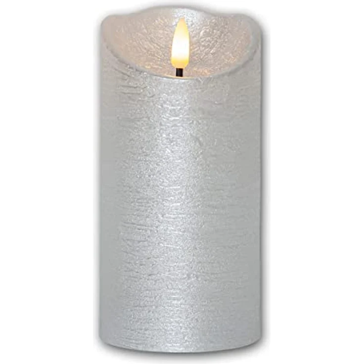 LED Echtwachskerze Flamme Rustic Batterien Timer silber H 15cm Ø 7,5cm – Bild 1