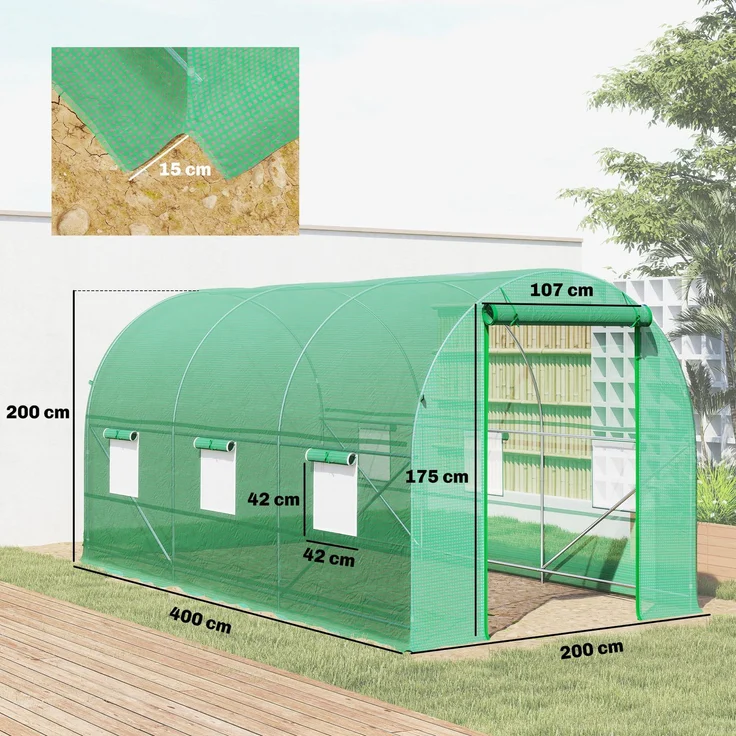 Wohnora-m² großes Gartentunnelgewächshaus mit Tür und 6 Fenstern, 140 g/m² PE-Folie, 400 x 200 x 200 cm, grün,H 2000cm x T 1470cm x B 2000cm – Bild 4