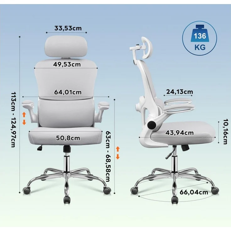 DEVAISE Bürostuhl Ergonomischer Drehstuhl mit 3D-Kopfstütze, Lordosenstütze (90° klappbaren Armlehnen), Mesh-Rücken, Wippmechanik 90–125°, bis 136 kg – Bild 3