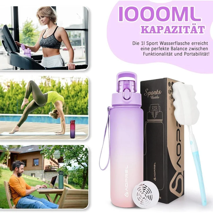 AOPREL Trinkflasche 1l BPA-frei Tritan Kohlensäure geeignet lila rosa体Verlauf – Bild 6