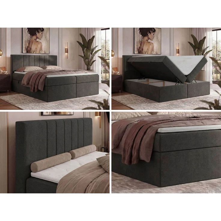 Boxspringbett INERO 200 x 200 mit Matratze H4 und Topper Visco, 7-Zonen-Multipocket-Kern, zwei Bettkästen, Doppelbett, gepolstert Kopfteil - Dunkelgrau Stukture – Bild 2
