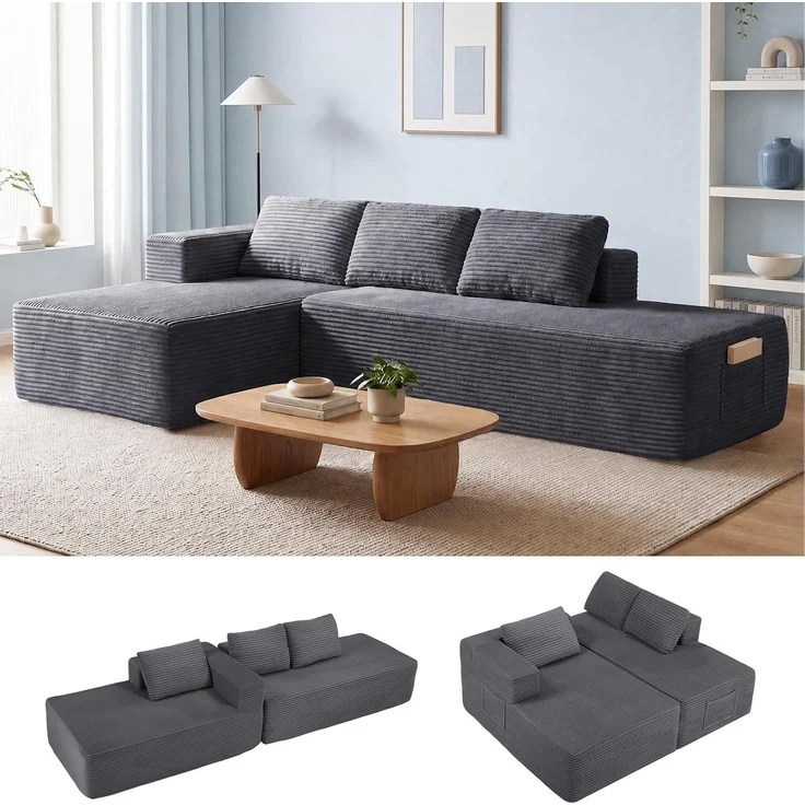 COMHOMA Ecksofa mit Schlaffunktion, 255cm Corduroy Modulares Boneless Couch mit Chaiselongue & Rücken-Metallgestell, L-Form Schlafsofa mit offenem Design, Kissen & Seitentaschen,für Wohnzimmer, Gris-R – Bild 1