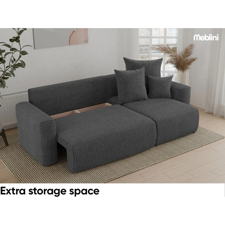 MEBLINI Schlafcouch mit Bettkasten - 238x142x73cm - Dunkelgrau Cordstoff - DAVE - Kleines Ecksofa mit Schlaffunktion - Sofa mit Relaxfunktion und Kissen - Kleine Couch L-Form - Eckcouch – Bild 4