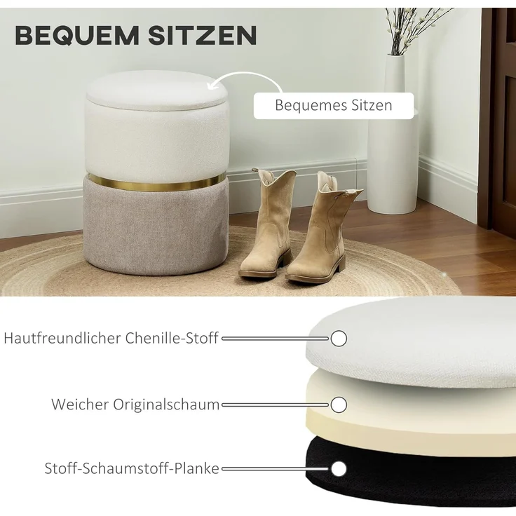 HOMCOM Sitzhocker mit Deckel, Metallring, zweifarbig Design (gepolsterter Fußhocker, 1 St, Ottomane mit Stauraum), Chenille 36 x 36 x 44 cm Cremeweiß – Bild 5