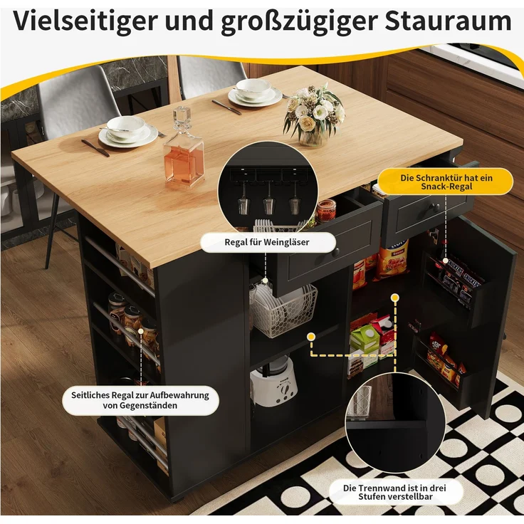 Merax Kücheninsel mit herausnehmbaren Trennwänden, Küchenschrank, Esszimmerwagen mit Arbeitsplatte, Buffetschrank, Esszimmerwagen mit Holzmaserung, ausgestattet mit Snackhalter und Weinglasregal, schwarz – Bild 6