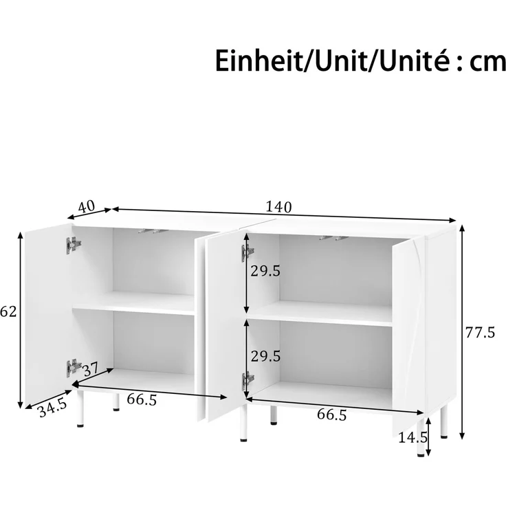 DESVIAE Sideboard mit 4 Türen und Push-to-Open 140x77,5x40 cm aus MDF und Spanplatte Weiß – Bild 10