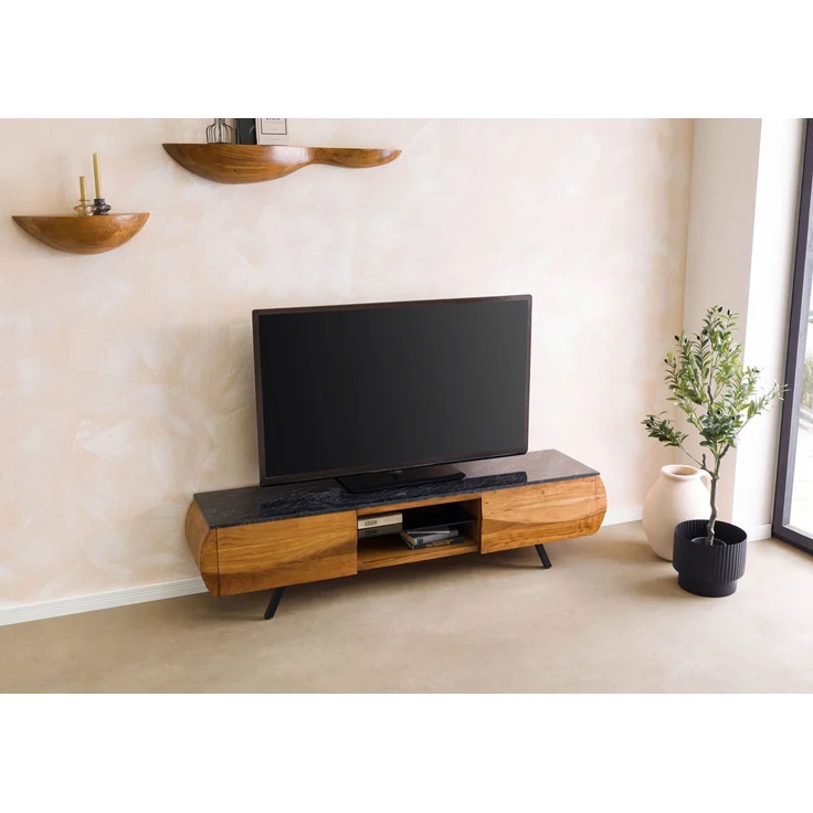 TV-Board Akazie 184x40x45 natur lackiert / Marmor schwarz MONTREAL #121 – Bild 3