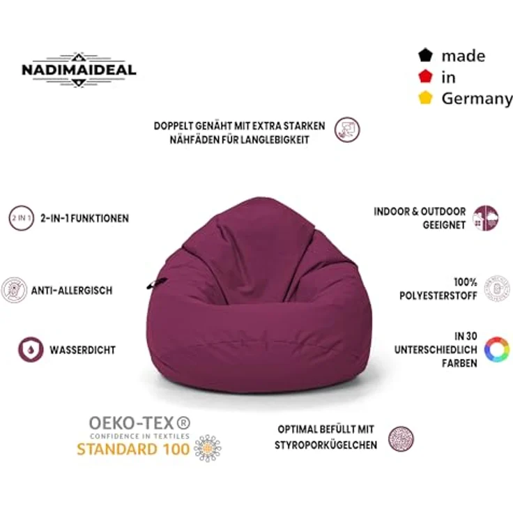Nadimaideal Sitzsack Tropfenform Kastanie | Bodenkissen für Kinder & Erwachsene | Indoor & Outdoor | Gaming Sitzsack - Sitzkissen - Beanbag | Füllung EPS Perlen (Weinrot, XXL-Durchmesser 88 cm) – Bild 4