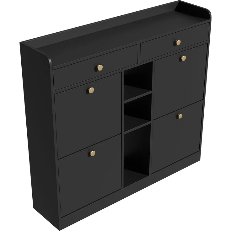 ZUBALIYA Schuhschrank (110 x 26 x 100 cm), 4 Klappfächer und 2 Schubladen, Offener Stauraum, Stauraum für Flur und Eingangsbereich, Schwarz – Bild 16
