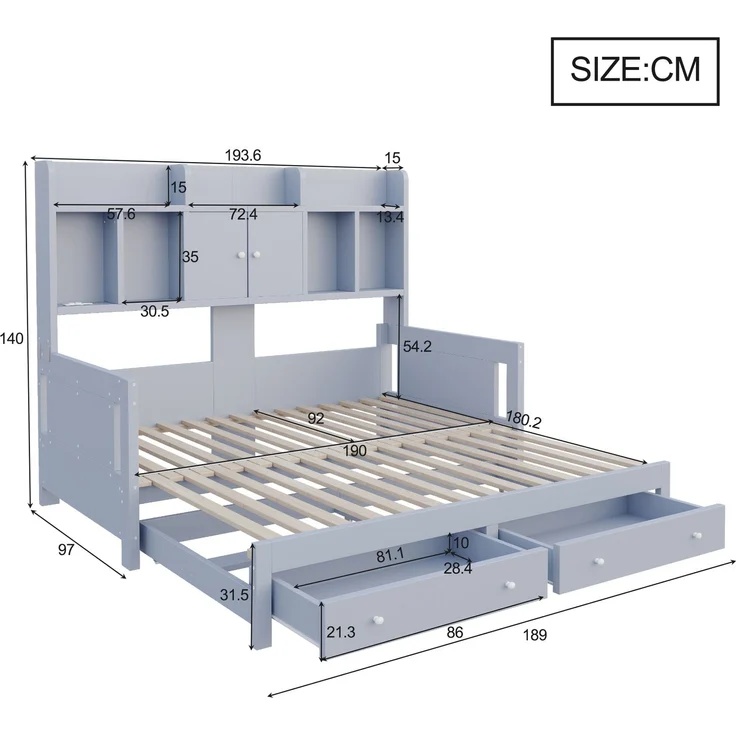 EINHOM Multifunktionales Ausziehbares Schlafsofa aus Holz mit Schubladen, Ablageflächen, Schränken und Offenen Fächern, Ausgestattet mit Steckdosen und LED-Beleuchtung, Gästebett, Grau (Ohne Matratze) – Bild 2