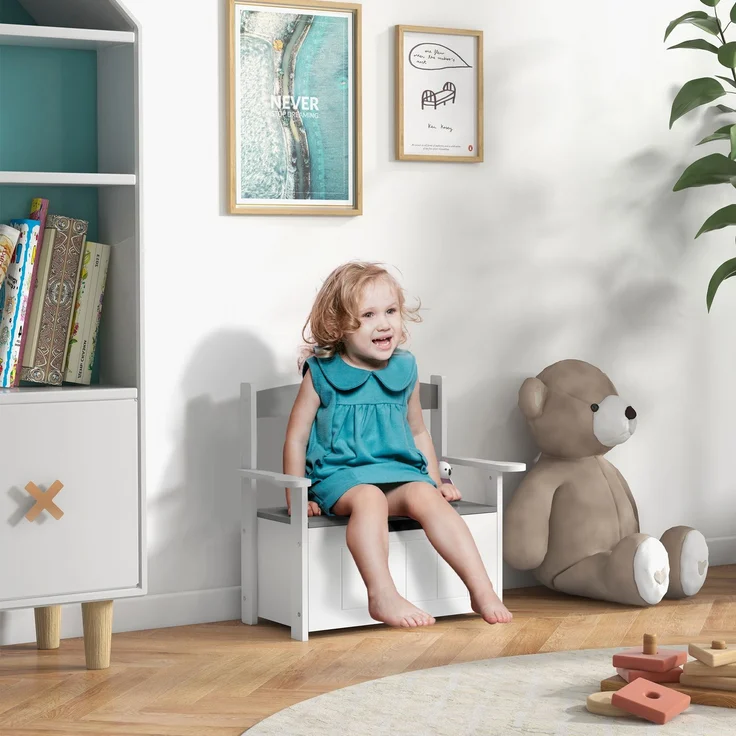 JARDJ Kinder-Aufbewahrungsbank mit Rückenlehne und Soft-Close-Deckel, Tragkraft 30 kg, für Spielzimmer, 68,5 x 34 x 58 cm, Grau und Weiß – Bild 3