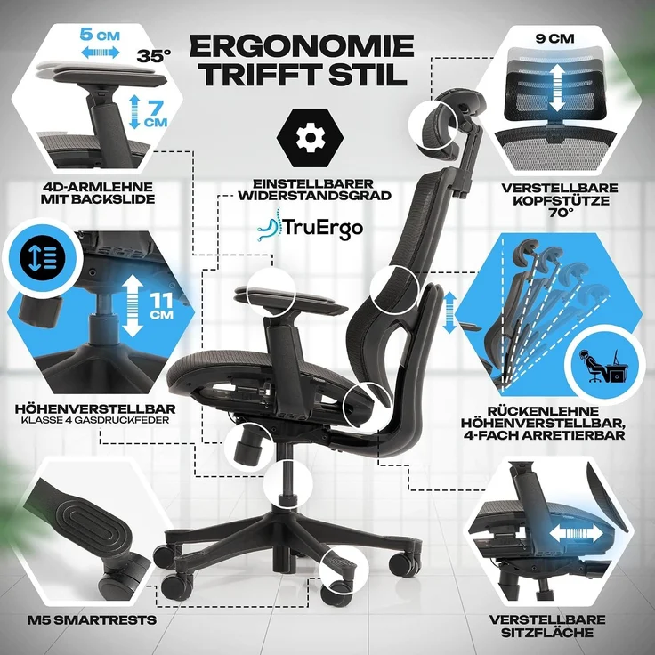 VALKENSTOL M5 MESH-SITZ Bürostuhl ergonomisch mit Mesh Sitz - 5 Jahre Garantie - 3D-Armlehnen - adaptive Lordosenstütze - verstellbare Sitztiefe – Bild 6