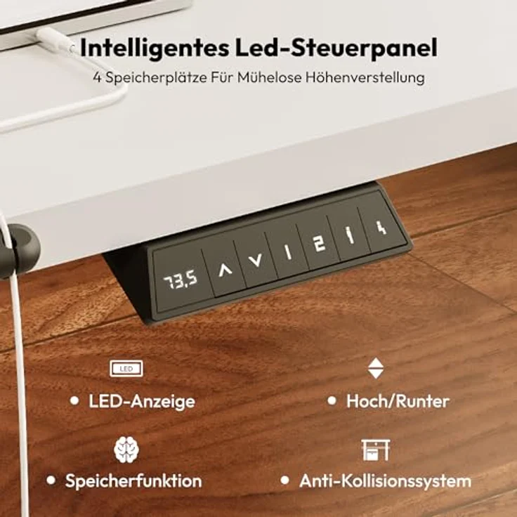 SANODESK Höhenverstellbarer Schreibtisch 160x60 cm mit Memory-Funktion, Elektrischer Steh-Sitz Tisch für Heimbüro, Ergonomischer Computertisch mit Modernem Design und Vierteiliger Tischplatte, Weiß – Bild 10