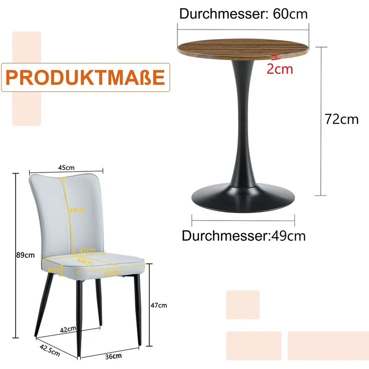Beistelltisch-Set Ø 60x72 cm mit 2 Stühlen – runder Tisch aus MDF und Metall, PU in Hellgrau/Schwarz/Walnuss – Bild 4