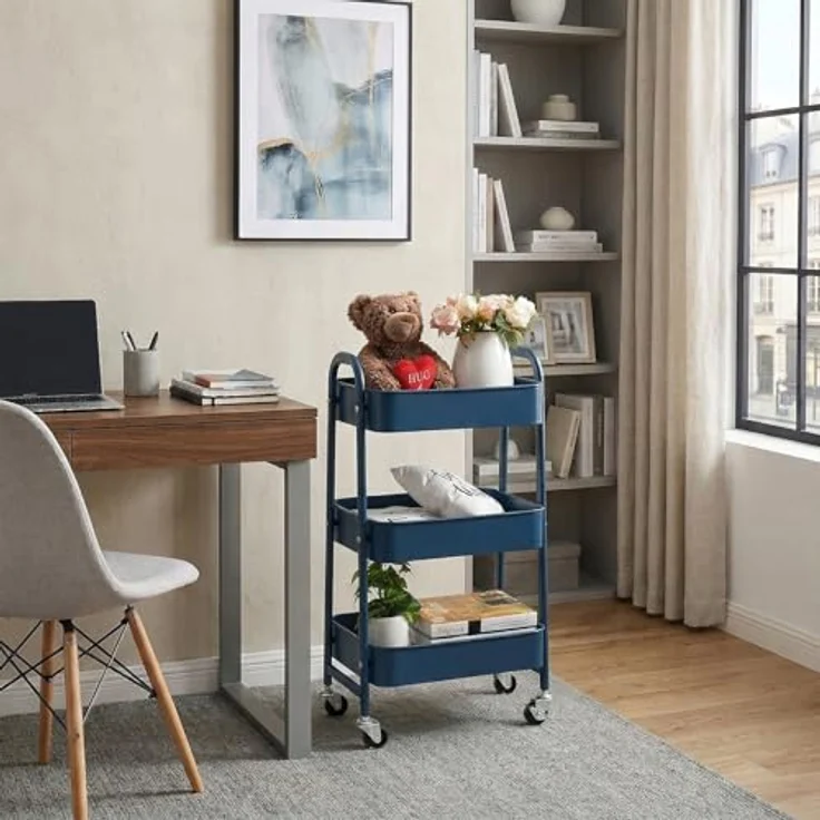 DOEWORKS Rollwagen Metall Aufbewahrungswagen Küchenwagen 3-Etagen, Servierwagen Organizer Wagen mit Rädern für Wohnzimmer Schlafzimmer Make-up Badezimmer Büro, Dunkelblau – Bild 3