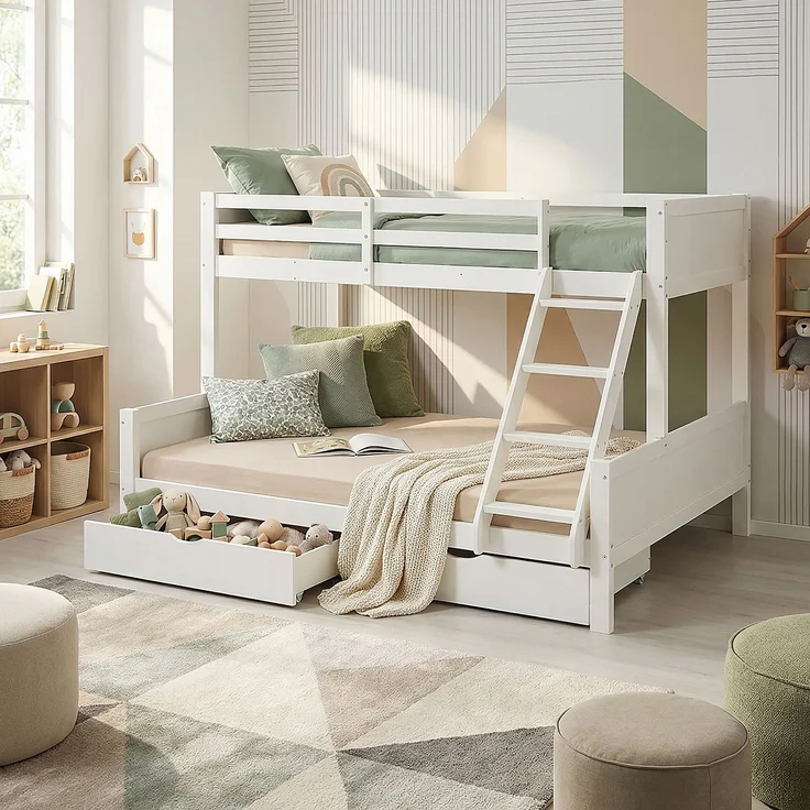 Etagenbett 90x200 und 140x200 Kinder mit 2 Bettkästen Weiß Holz Doppelstockbett Jugendbett Hochbett Stockbett – Bild 2