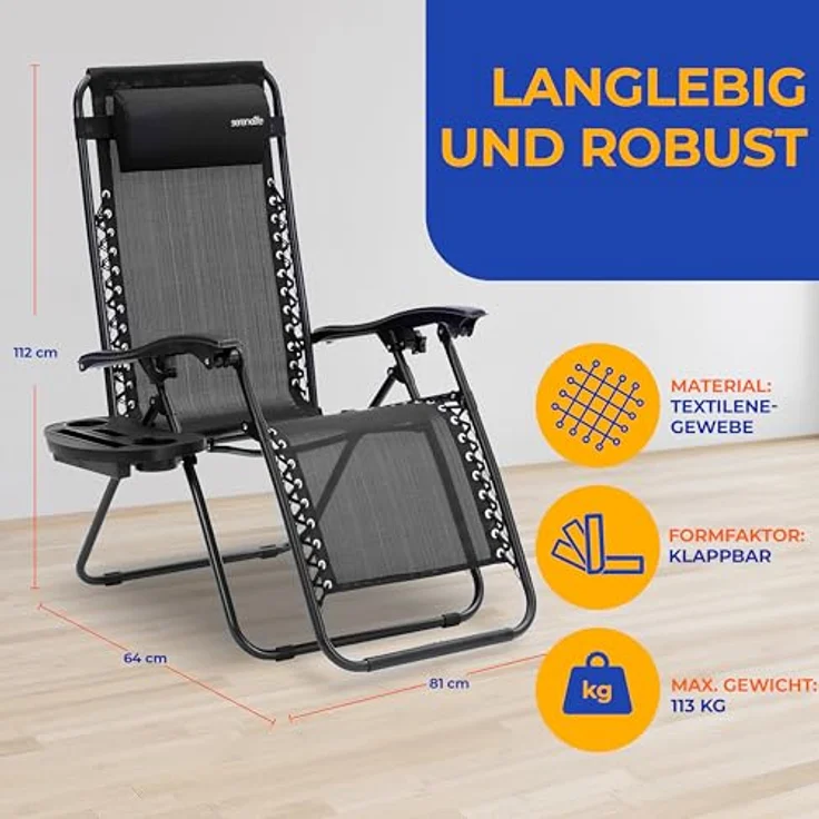 SereneLife Sonnenliege Wetterfest, Gartenliege Wetterfest Klappbar & Verstellbar zum Liegen für Balkon, Garten, Terrasse & Camping mit Seitentisch, Kopfkissen & Getränkehalter, Deckchair Schwarz – Bild 4