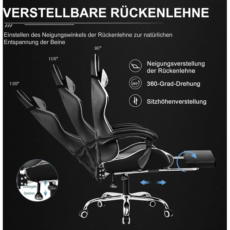 GTPLAYER Bürostuhl Gaming Stuhl Massage Gaming Sessel Ergonomischer Gamer Stuhl mit Fußstütze, Kopfstütze Massage-Lendenkissen, Gepolstert Gaming Chair, Drehsessel Weiß – Bild 5