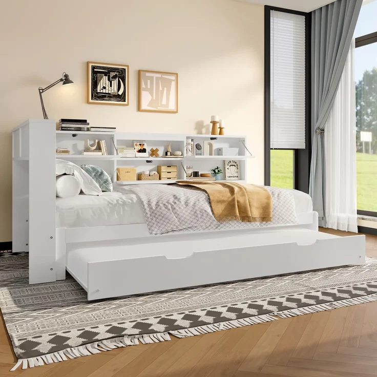 Daybett,Schlafsofa,90x200 cm,Kopfteil mit Staufach,Ausziehbares Bett,Ohne Matratze,Weiß – Bild 2