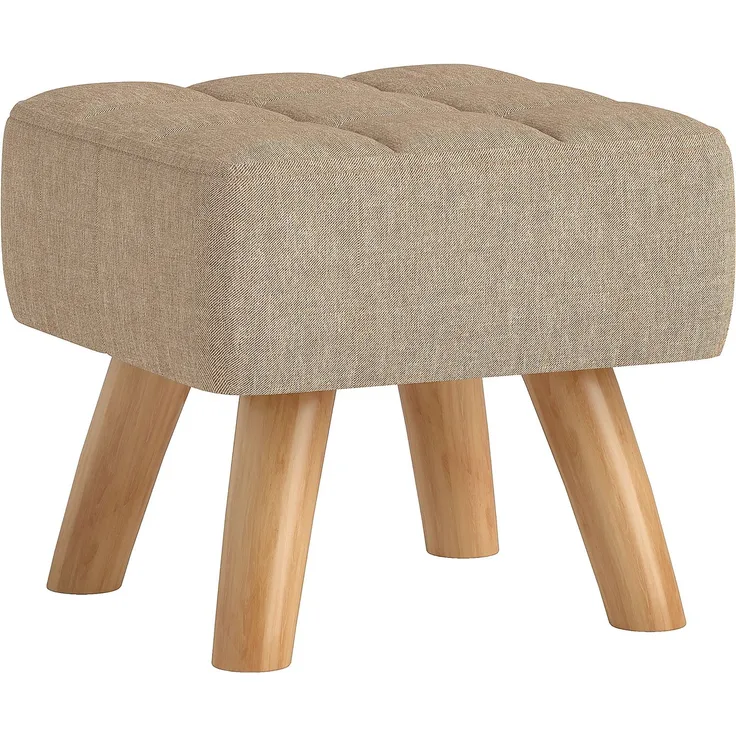 Fußhocker für das Wohnzimmer, gepolsterter Sitz aus Stoff mit Holzbeinen, 27 x 27 x 26 cm, hellbraun