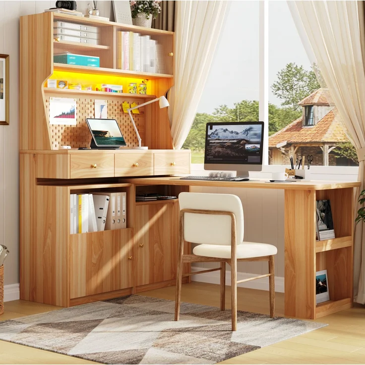 Hochschrank mit Schreibtisch, MDF & Glas, LED per App, 137x74x177,7 cm, Natural – Bild 2