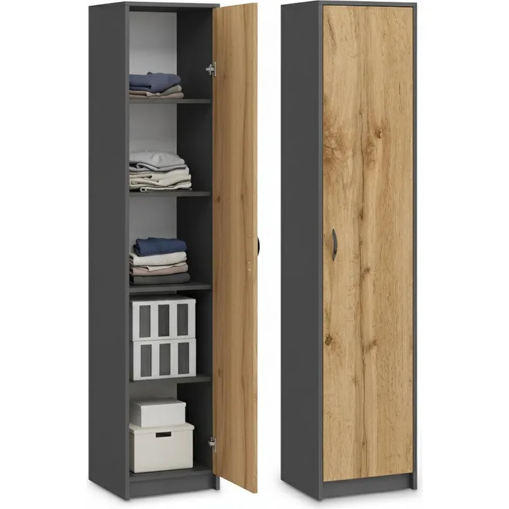 Home Collective Aktenschrank Bücherregal Kleiderschrank Regal 40cm breit 180cm hoch Schrank (Regal Wand schmal Holz für Schlafzimmer Flur Keller Büro) Mehrzweckschrank mit 4 verstellbaren Einlegeböden Anthrazit-Eiche