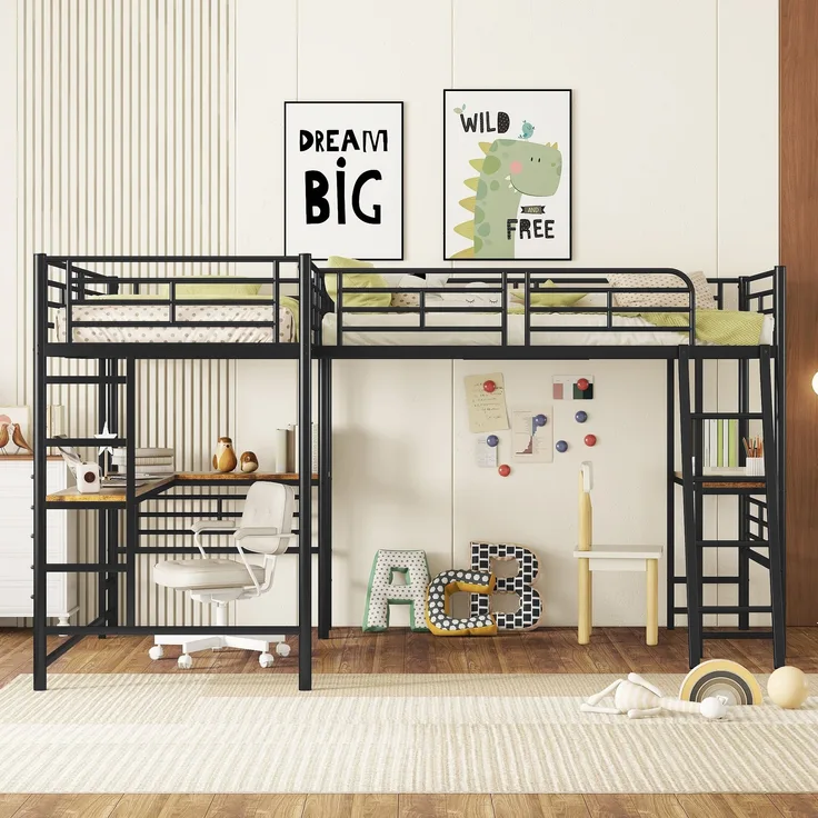 Bett 90x200 cm Hochbett mit Schreibtisch und Doppeltreppe, hohes Geländer – platzsparendes Metall-Hochbett in Schwarz