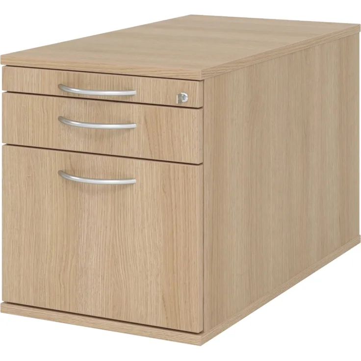 bümö Rollcontainer mit Hängeregister für Hängeordner, Container abschließbar in Eiche - Rollwagen mit Hängeregistratur als Schreibtisch Unterschrank od. Bürocontainer m. Bogengriffe, TC20-E-E-BM