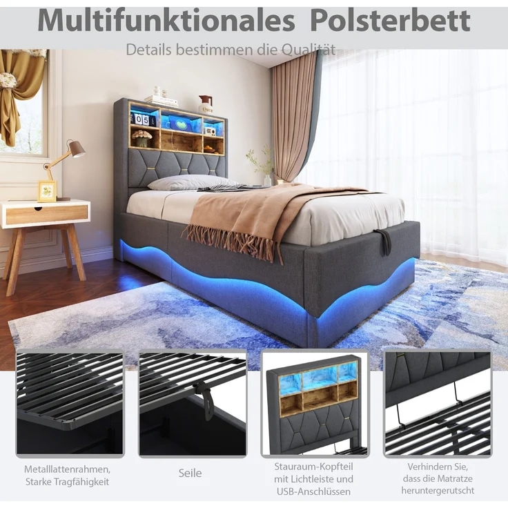 Kinderbett 90x200 cm mit LED, USB & Hydraulik-Stauraum, ohne Matratze, Leinen Grau – Bild 6