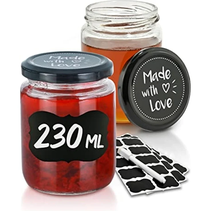Praknu Einmachglas 25 Marmeladengläser 230 ml mit Deckel - Mit Etiketten & Stift, Glas, (Set, 25-tlg), mit Deckel und Etiketten - Luftdichte Einmachgläser zum verschenken – Bild 1