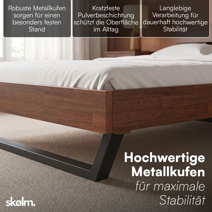 skølm 'Alver' Bett 140x200 cm, Bettgestell, natur geölt, Massivholzbett aus Eiche mit Metallkufen, Walnuss Optik, Bettkopf 2 Streben – Bild 3