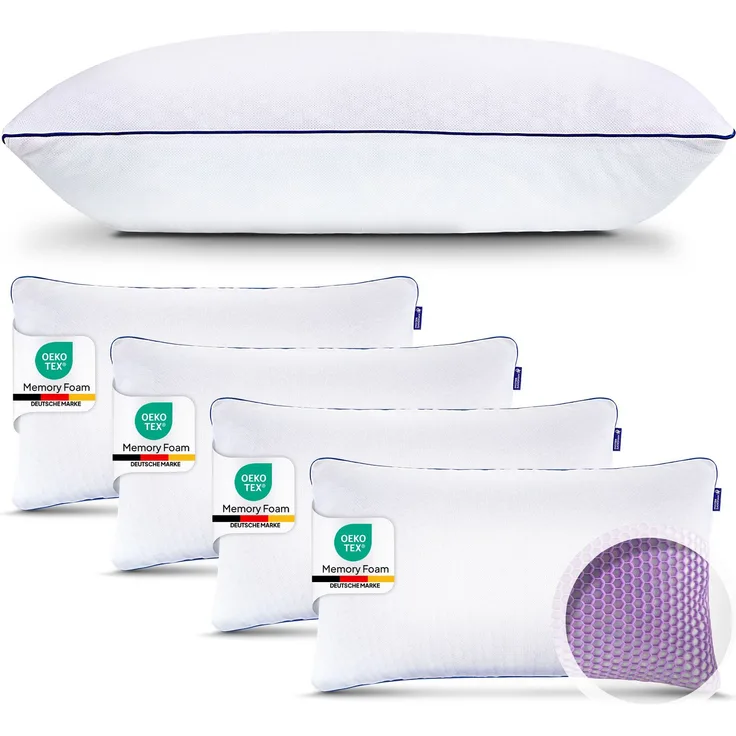 Mister Sandman Kopfkissen 4er Set Memory-Flakes 40×80 cm – Polyester Bezug, ergonomisch & atmungsaktiv, allergikergeeignet