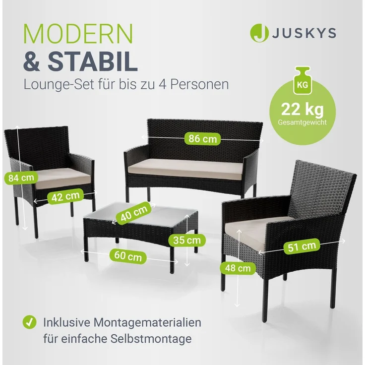 Juskys 'Fort Myers' Gartenmöbel Set mit Tisch, Sofa & 2 Stühlen, Polyrattan, 60x35 cm, Schwarz / Creme – Bild 6