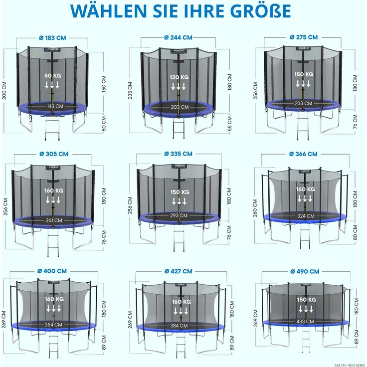 KINETIC SPORTS Trampolin Outdoor SALTO - Kindertrampolin Gartentrampolin Set mit Leiter, Netz, Randpolster, USA Sprungtuch, bis zu 160kg, Blau-4, Ø 275 cm – Bild 8