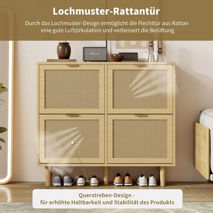Abrihome Schuhkommode mit Rattan-Schubladen, Hellbraun, 26x43x114 cm – Bild 4