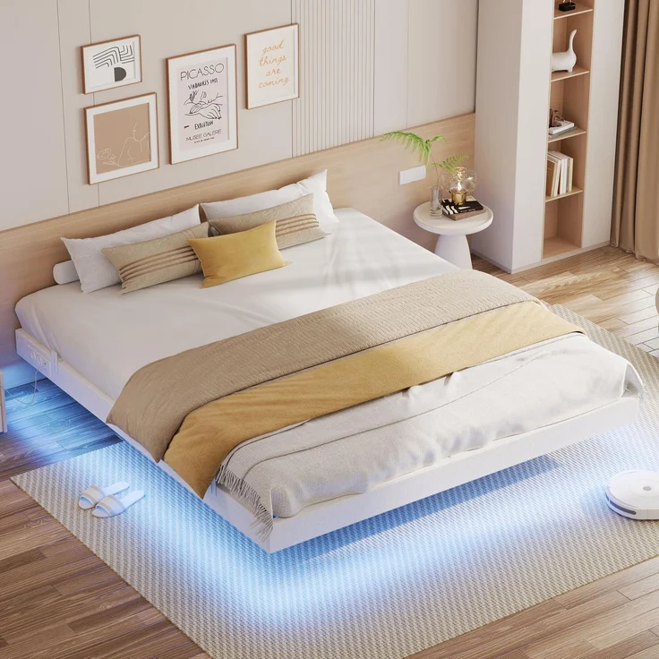 IRONCK Bettgestell 180x200 cm, Schwebender Bett mit LED Beleuchtung, Gepolsterte Seitenwände, 2 AC-Steckdosen, 2 USB-A-Anschluss, 1 USB-C-Anschluss, Metallbett mit Lattenrost Doppelbett, Weiß