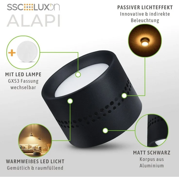 SSC-LUXon LED Aufbaustrahler ALAPI Deckenleuchte Spot schwarz inkl. GX53 LED warmweiß, Warmweiß – Bild 2