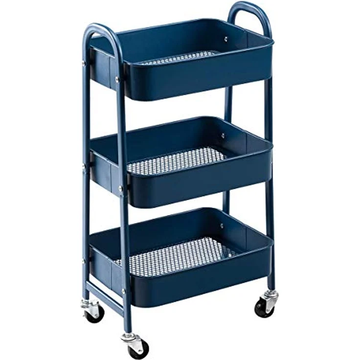 DOEWORKS Rollwagen Metall Aufbewahrungswagen Küchenwagen 3-Etagen, Servierwagen Organizer Wagen mit Rädern für Wohnzimmer Schlafzimmer Make-up Badezimmer Büro, Dunkelblau – Bild 2