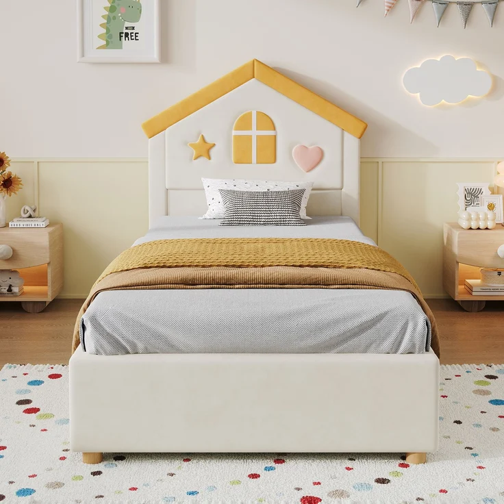 Merax Kinderbett, 90x200 cm, Polsterbett, mit 4 Schubladen, Stauraumbett für Kinderzimmer, Jugendbett mit französischem Samt, gepolstertes Bett mit Haus-Kopfteil, Beige – Bild 2