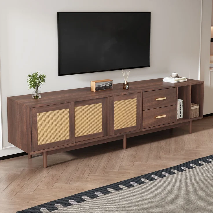 TV Schrank Lowboard 190x40 cm Braun Spanplatte Rattan Türen 3 Türen 2 Schubladen halboffen Wohnzimmer Board – Bild 4
