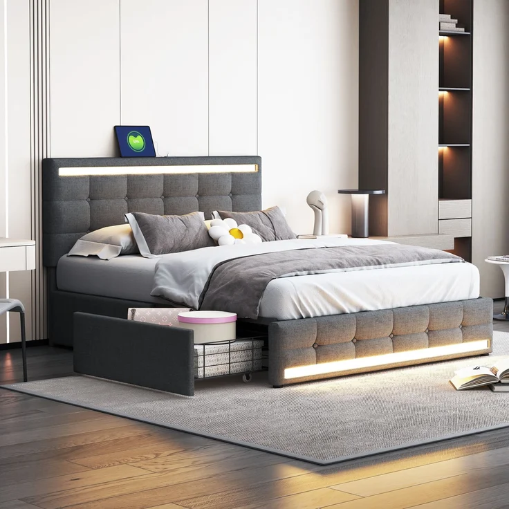 Polsterbett 140x200 cm LED Beleuchtung mit USB & Stauraum, modernes Doppelbett mit Leinenstoff Grau – Bild 6