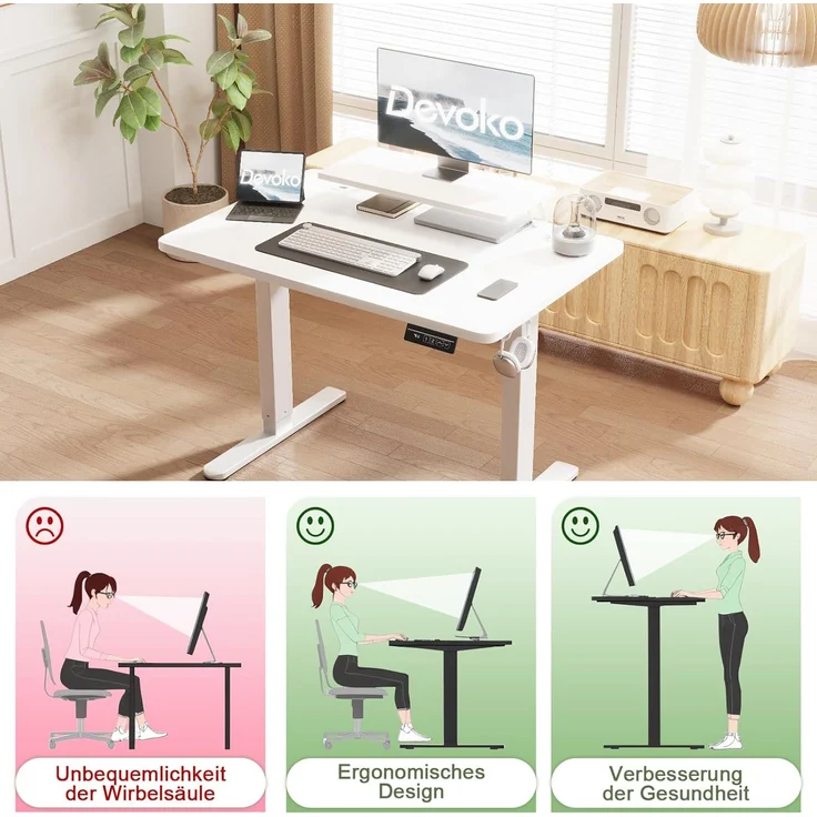 Devoko 120×60cm Elektrisch Höhenverstellbarer Schreibtisch mit Monitorständer, Computer-Schreibtisch, mit 2 Höhen-Speicherfunktionen, Weiße – Bild 5