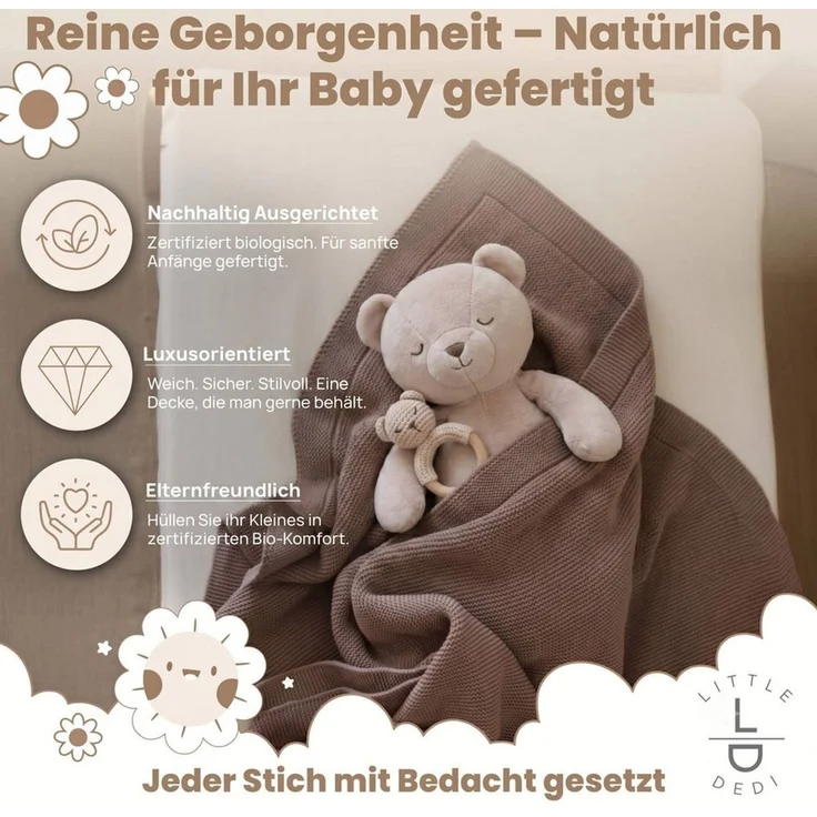 Babydecke Baby Strickdecke, %100 Bio Baumwolle, Atmungsaktiv, 80x100cm, Braun, Little Dedi – Bild 2