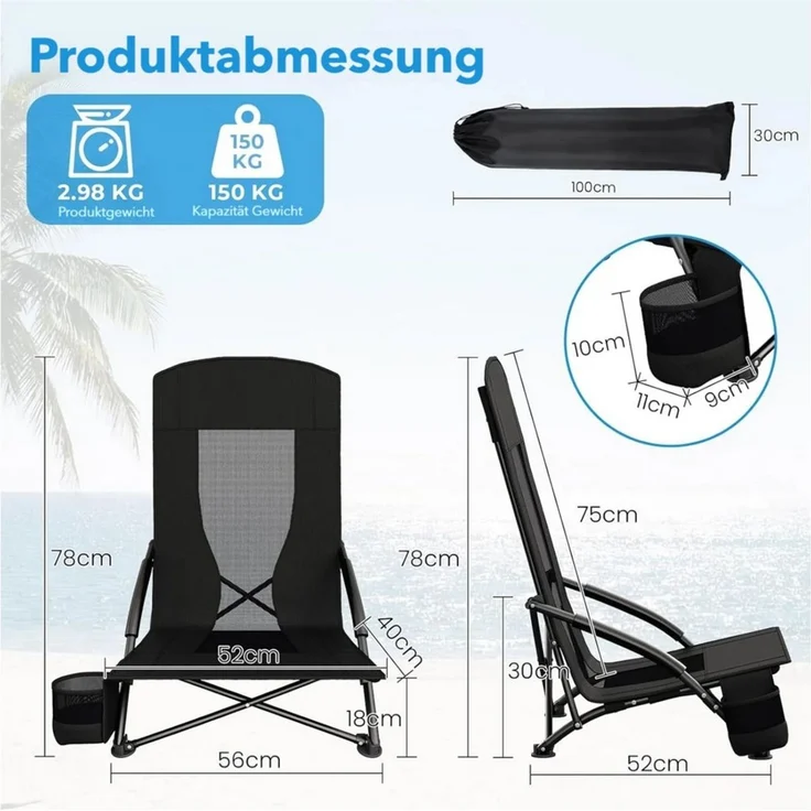 TLGREEN Klappstuhl Klappbar Strandstuhl,Campingstuhl mit Tragetasche, Getränkehalter, (2 St),150 kg Tragkraft für Outdoor, Camping, Strand, Sandkonzert – Bild 3