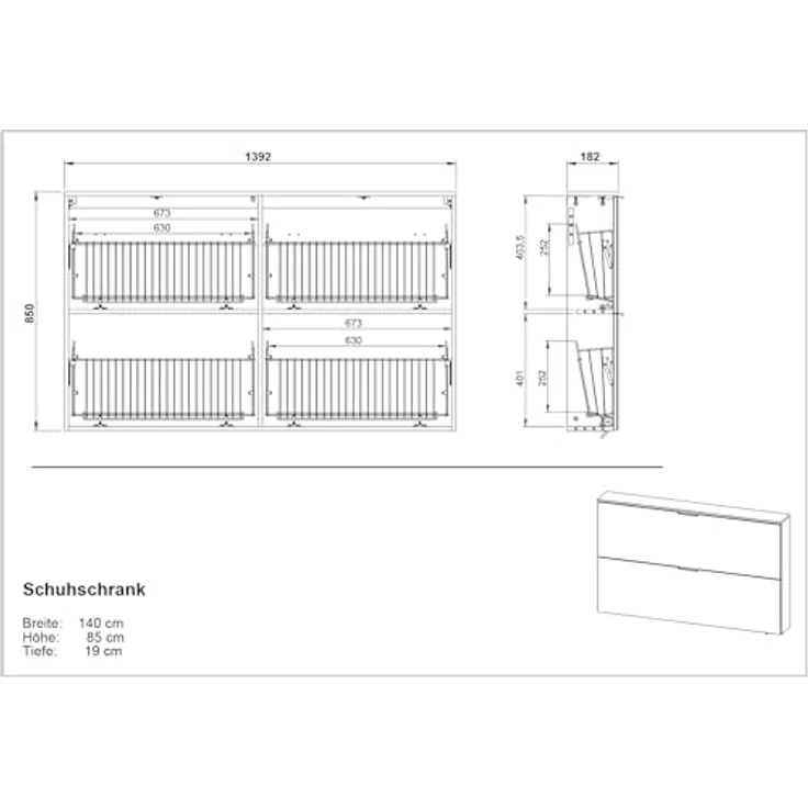 XXXL Schuhschrank Valega, Kaschmir, hängend oder stehend, 4 Schuhroste für bis zu 12 Paare, 140x85x19 cm, glänzende Glasfront – Bild 3