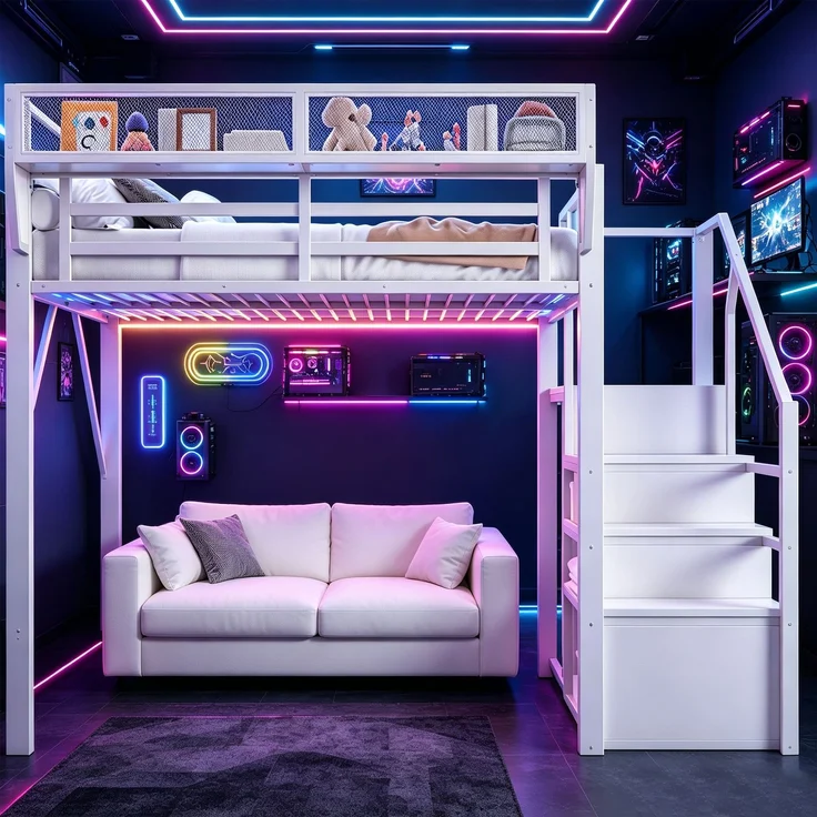 ZUBALIYA Hochbett 140 × 200 cm, Metall, LED-Beleuchtung, Leiter, Weiß – Bild 7