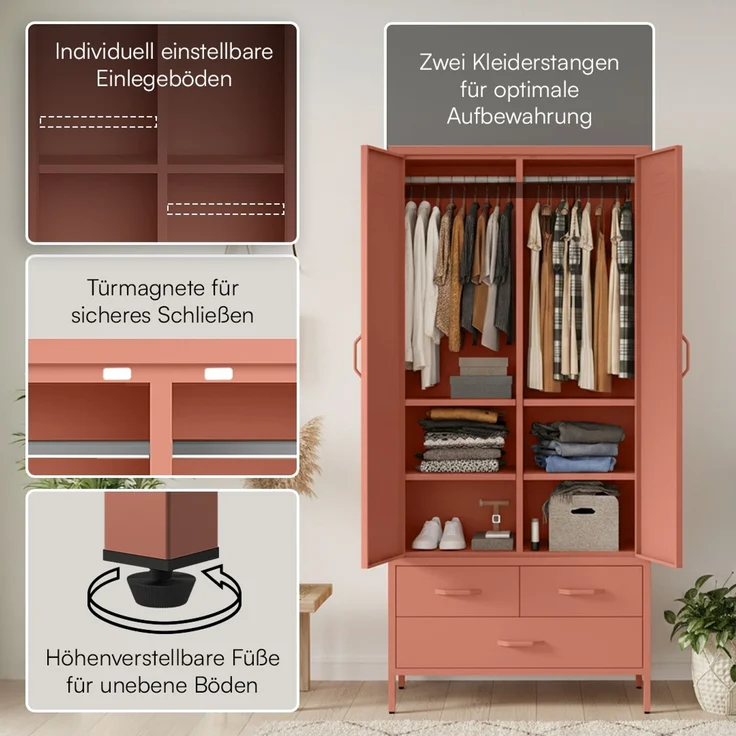 skølm 'Atria' Kleiderschrank mit 3 Schubladen, Metall, 170x45x80 cm, terrakotta, Garderobe mit 4 Fächern und 2 Kleiderstangen – Bild 3