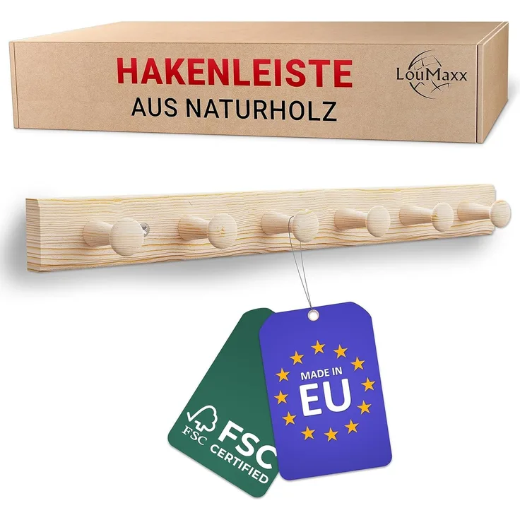 LouMaxx Hakenleiste Holz aus Kiefer mit 6 Holzhaken – Wandgarderobe Holz - Garderobe Kinder - Garderobe Holz - Kleiderhaken Holz zur Wandbefestigung aus Nicht behandeltem Kiefernholz